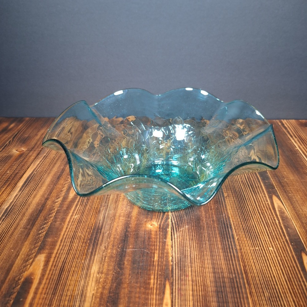 BLENKO Vintage Crackle Glass Bowl Ruffled Fluted Crimped Teal Blue #3744